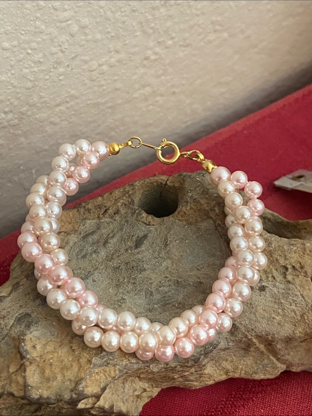 Vintage 90s Faux Pink Glass Pearls Triple Twist Bracelet